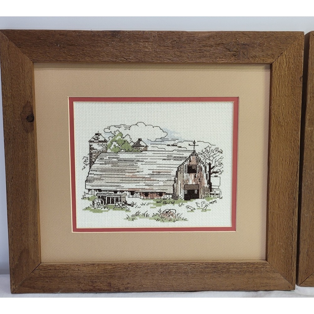 2 Embroidery Handmade Framed Needlework Barn Scenes Folk Art Country Farmhouse - Picture 2 of 10